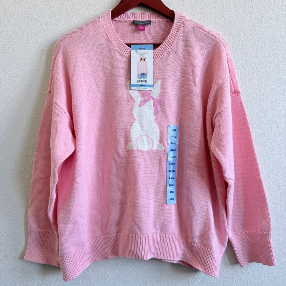 Vince Camuto Womens Pink Cotton Easter Bunny Graphic Sweater Large 7226201 NEW